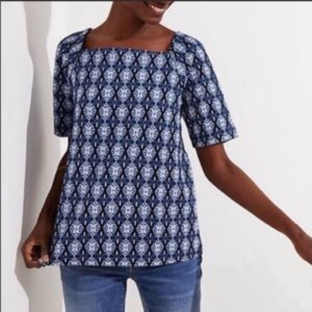 LOFT Blue Jacquard Pattern Square Neck Top